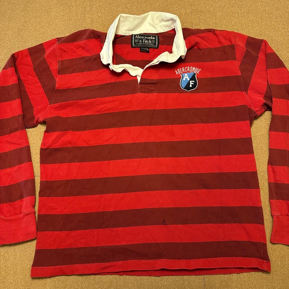 Abercrombie & Fitch Rugby Shirt Mens M Red Striped Long Sleeve Crest Vintage